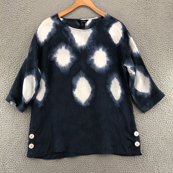 Ali Miles Tunic Womens Small Navy Tie Dye Polka Dot 3/4 Sleeve Oversized Buttons - Picture 1 of 10